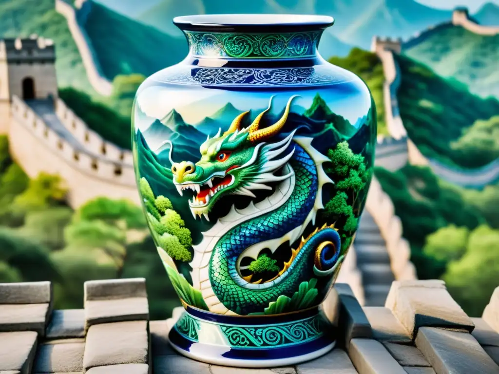 Un jarrón de porcelana intrincado representa un majestuoso dragón en la Gran Muralla de China, evocando la grandeza de la dinastía Ming