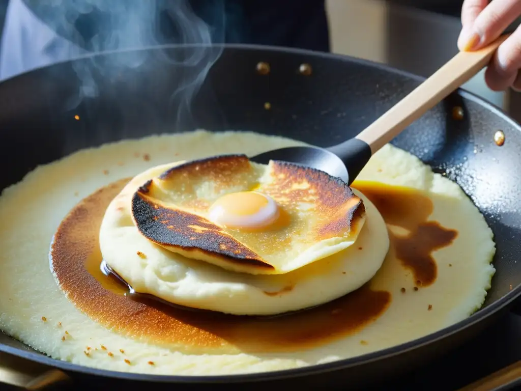 Un jeon coreano dorado y humeante en una sartén, capturando la esencia de las tortillas coreanas Jeon: recetas tradicionales