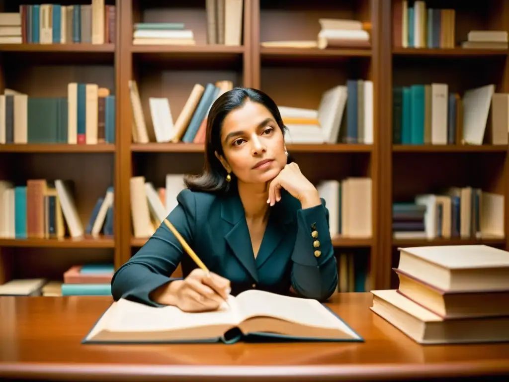 Jhumpa Lahiri reflexiona en su escritorio, rodeada de libros, en una atmósfera de escritora en plena creación