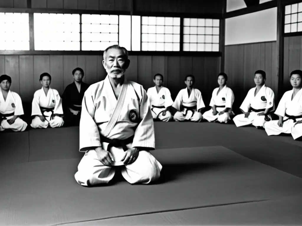 Jigoro Kano y estudiantes demostrando técnicas en un dojo histórico en Japón, capturando la esencia y la tradición del judo