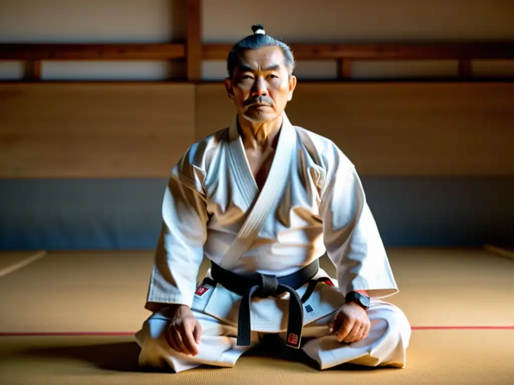 Jigoro Kano, fundador del judo, demostrando una técnica en un dojo histórico en Japón