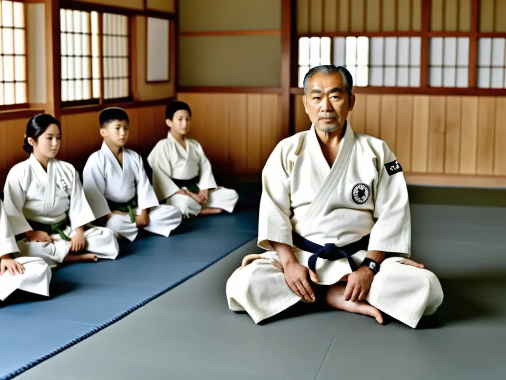 Jigoro Kano, fundador del judo, enseña una técnica en un dojo japonés tradicional