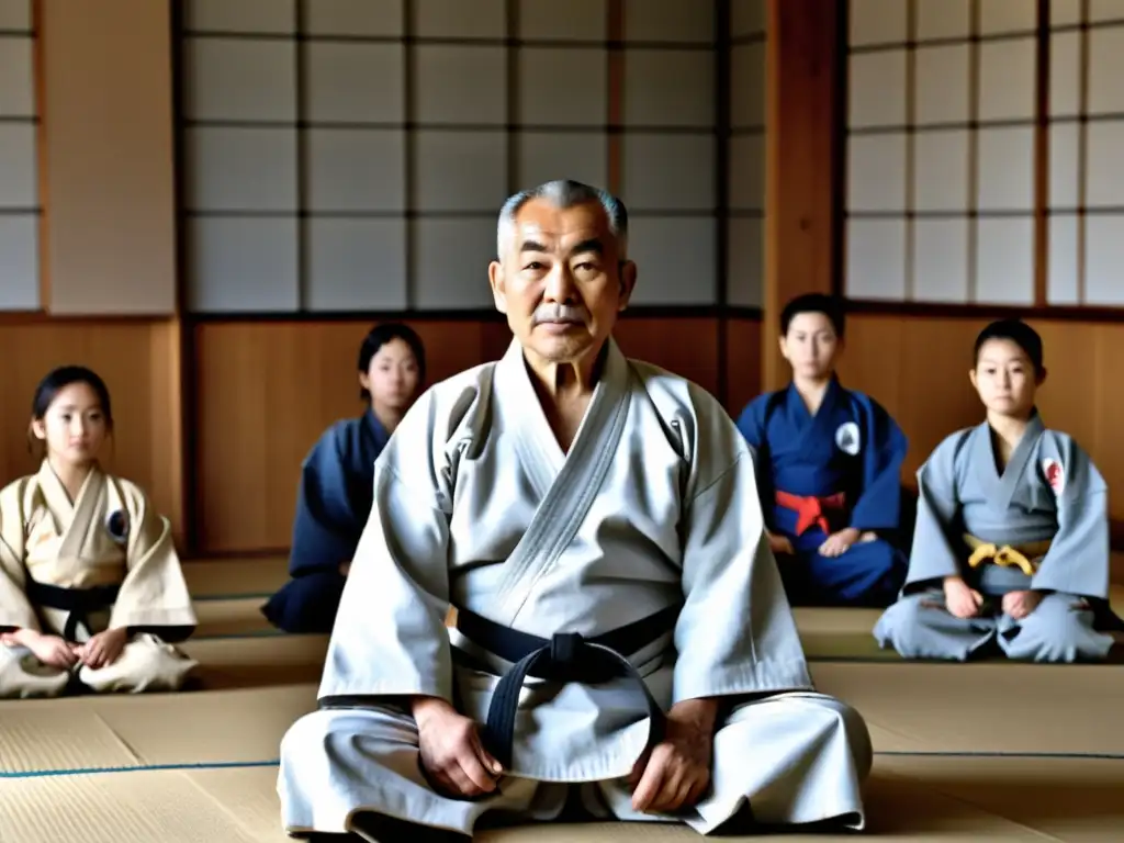 Jigoro Kano, fundador del judo, observa sereno a sus estudiantes practicando técnicas en una sala tradicional japonesa