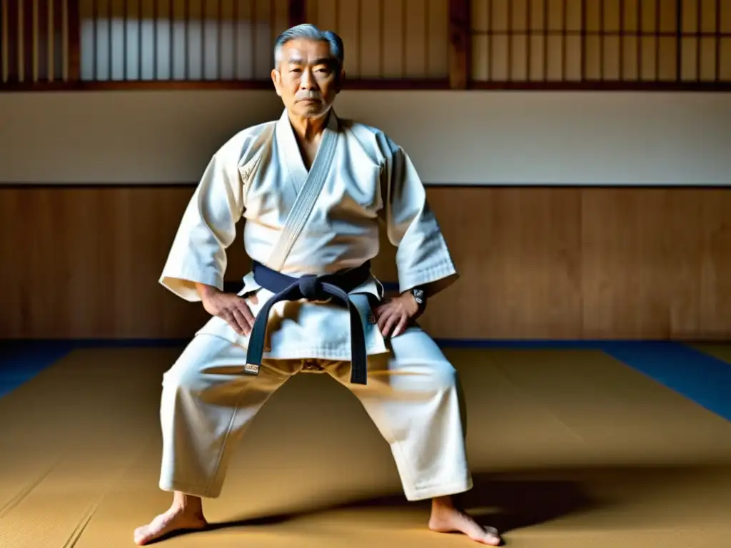 Jigoro Kano demostrando una técnica de judo en un dojo japonés, capturando la atmósfera serena y disciplinada