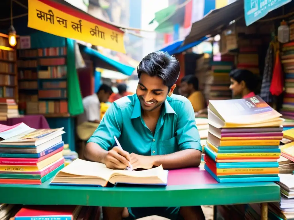 Joven autor indie de la India firmando libro en bullicioso mercado de Mumbai, reflejando escena literaria inexplorada