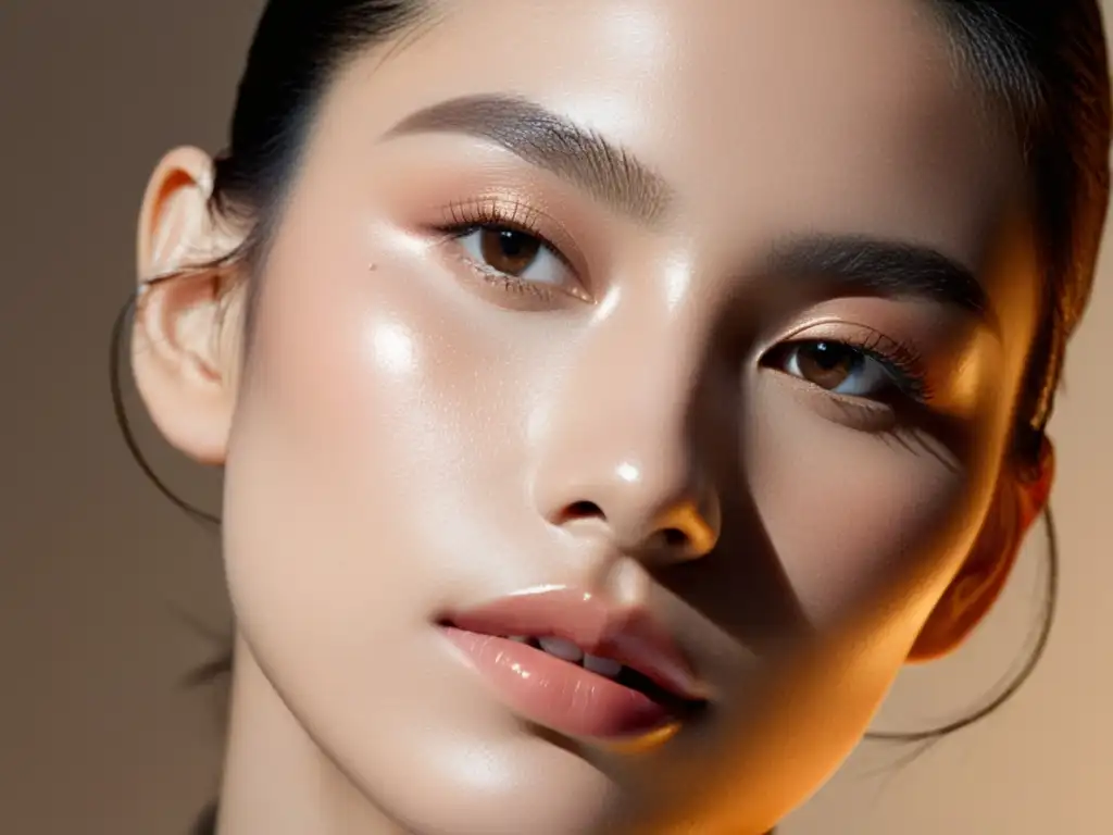 Una joven aplica base con un cushion compact, con piel radiante y maquillaje minimalista