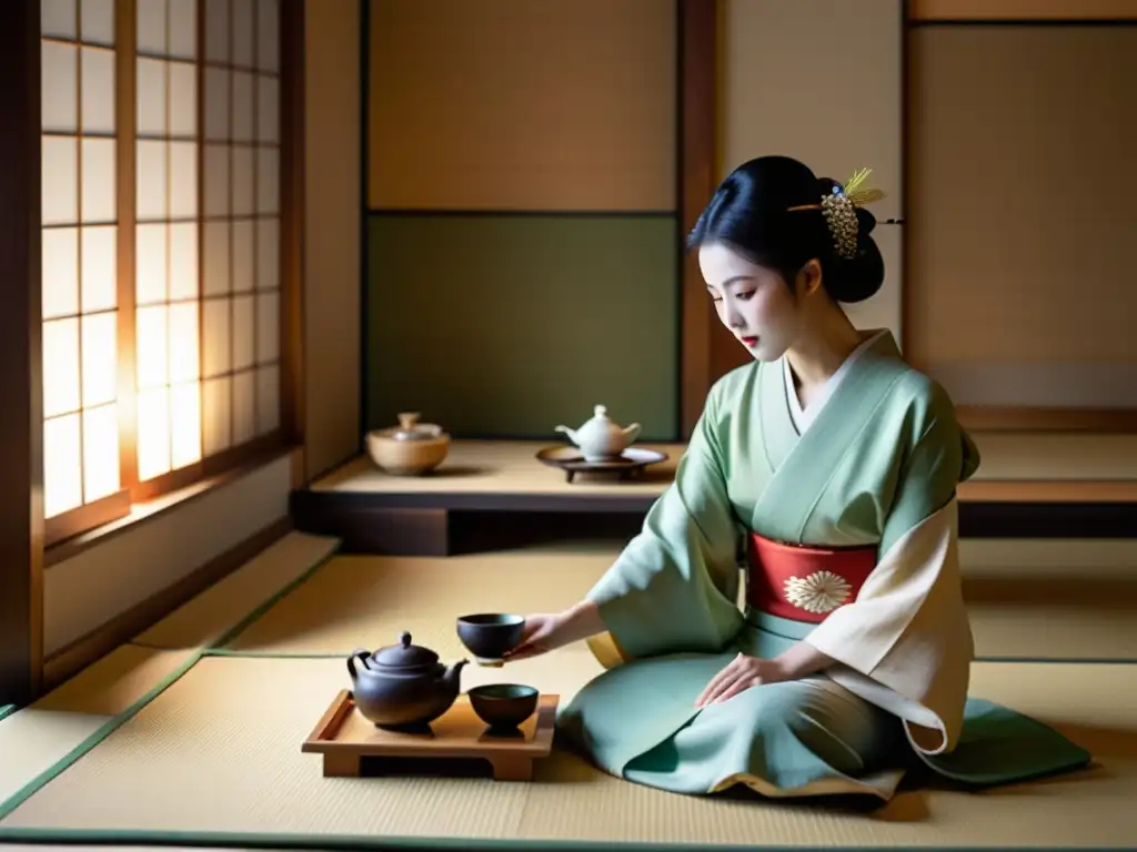 Una joven maiko vierte té en una ceremonia japonesa, observada por una geisha en un tatami sereno