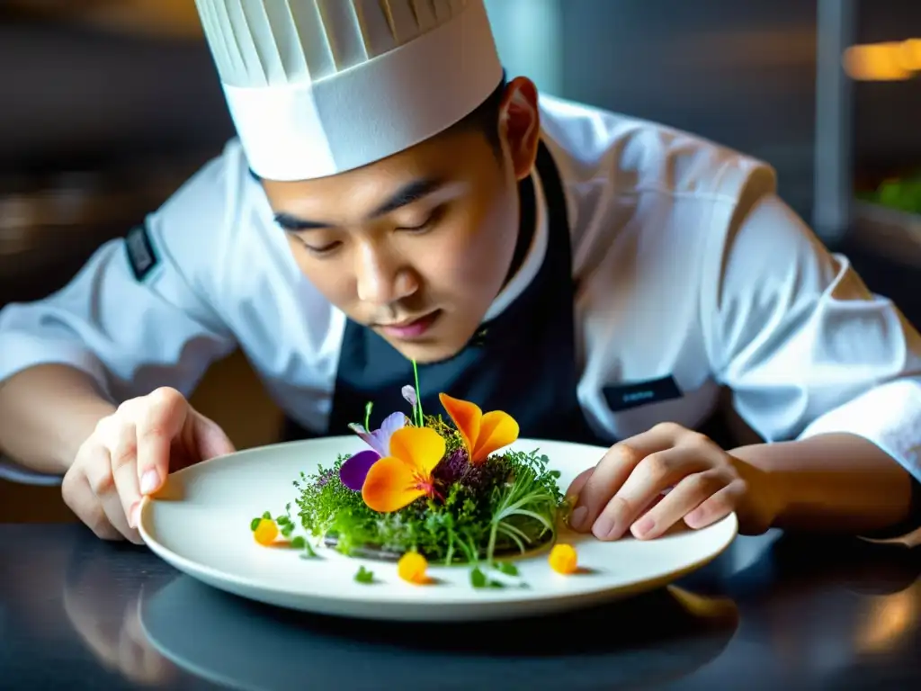 Un joven chef asiático arregla meticulosamente flores comestibles en un plato