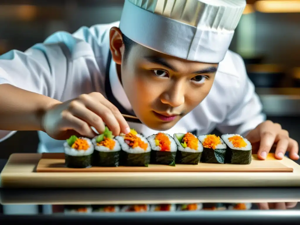 Un joven chef asiático de la nueva generación prepara con precisión un roll de sushi, mostrando su destreza y dedicación en la gastronomía asiática moderna