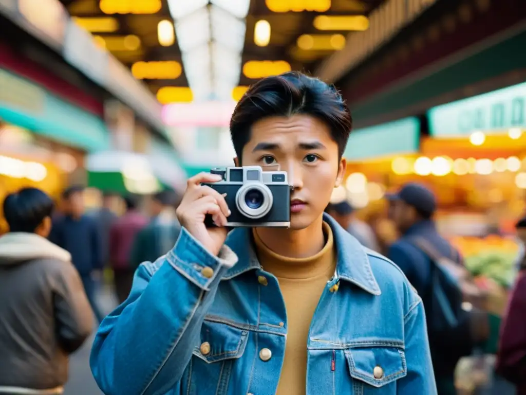 Joven cineasta asiático con cámara 16mm en mercado callejero