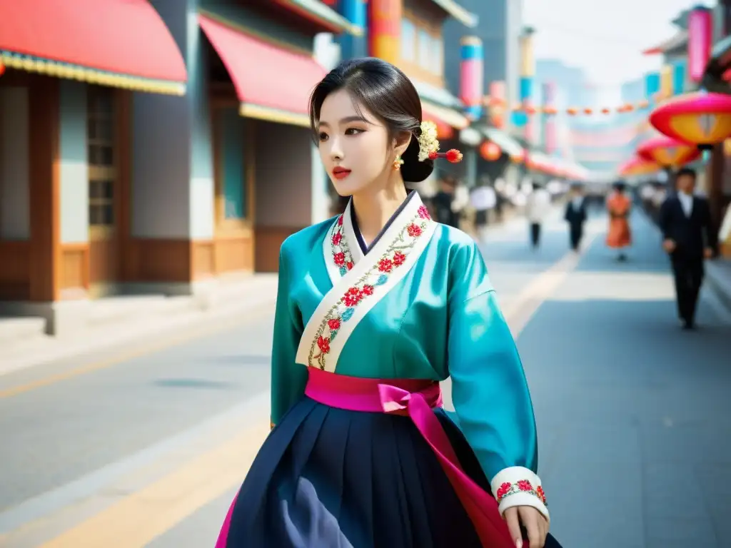 Una joven camina con gracia por la bulliciosa ciudad vistiendo un hanbok coreano que fusiona tradición y modernidad