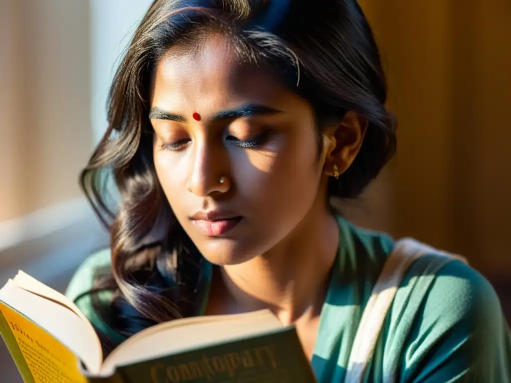 Joven inmersa en la lectura de una novela india, con luz dorada filtrándose por la ventana