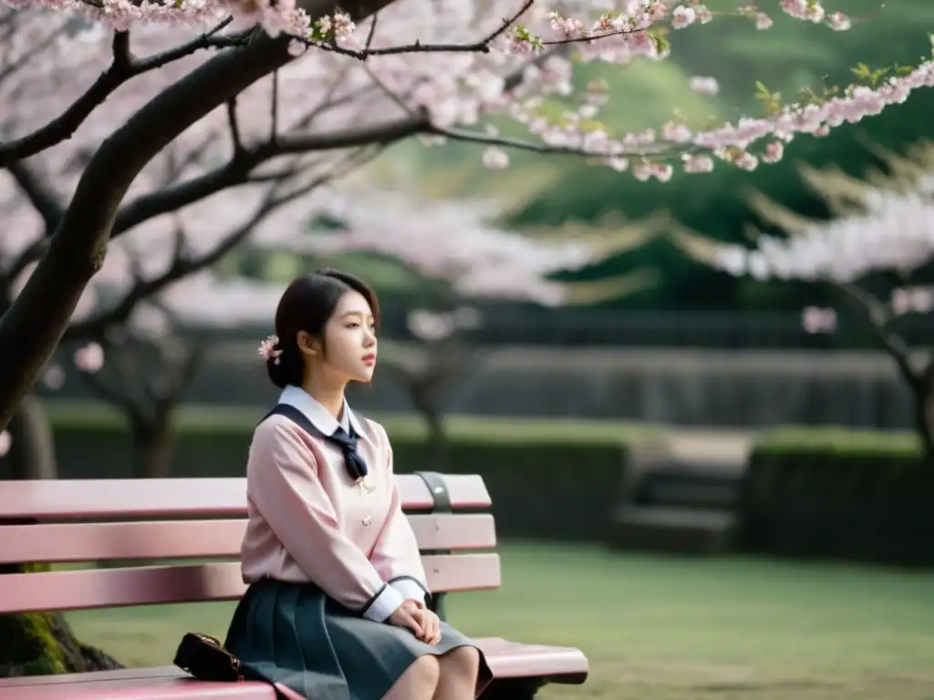 Joven japonesa en parque urbano con cerezos en flor, expresando melancolía juvenil japonesa Murakami