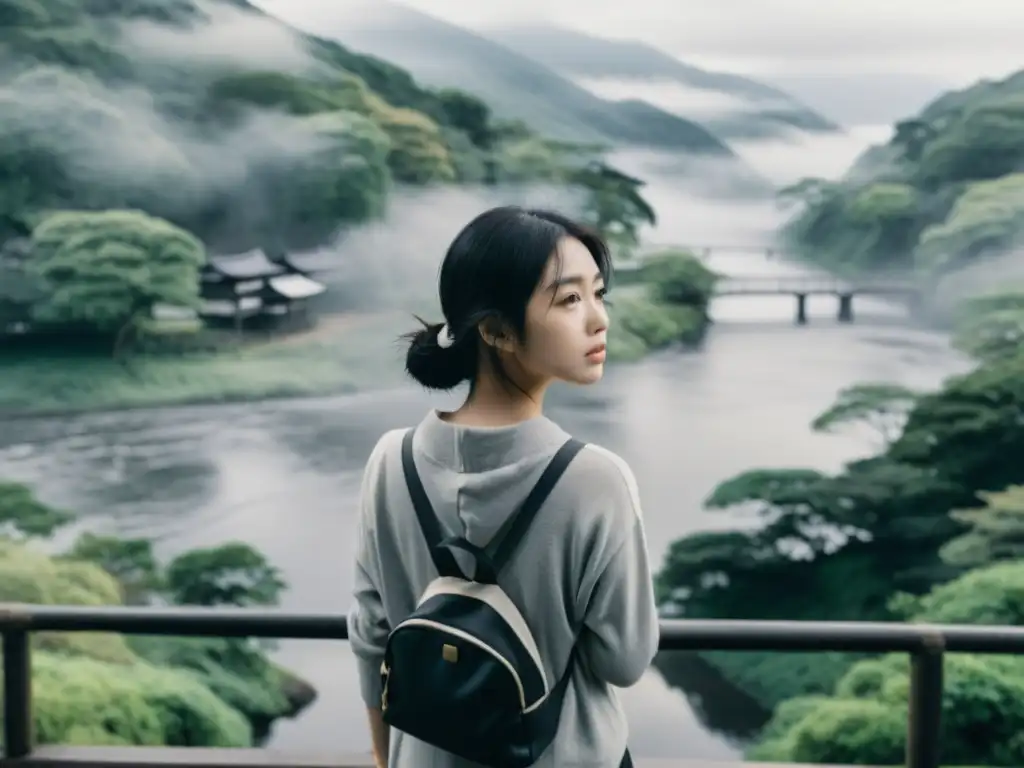 Una joven japonesa de pie en un puente, mirando pensativa al río