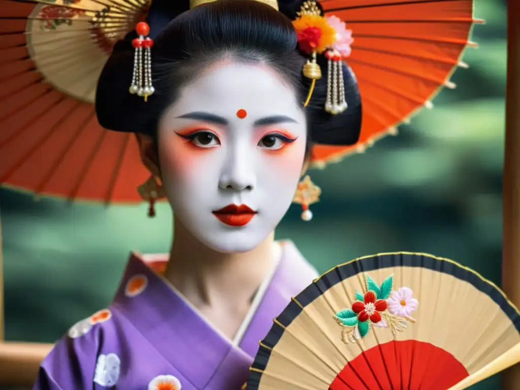 Joven maiko con vestimenta tradicional, sosteniendo abanico y sombrilla, reflejando la enigmática feminidad de la cultura japonesa