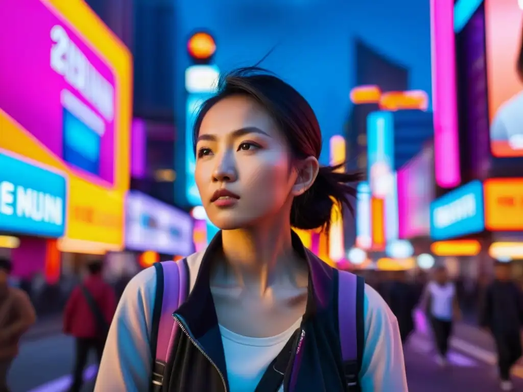 Una joven mujer asiática determinada en la ciudad, reflejando fuerza y vulnerabilidad