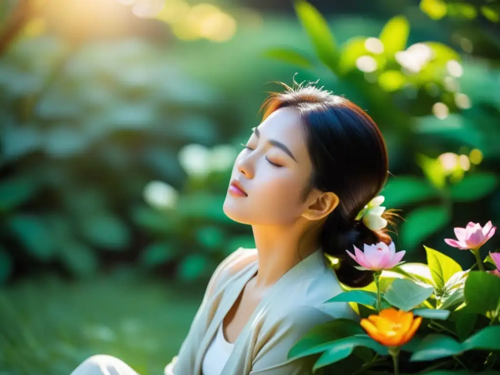 Una joven mujer asiática practica técnicas de relajación en un exuberante jardín, irradiando tranquilidad y belleza