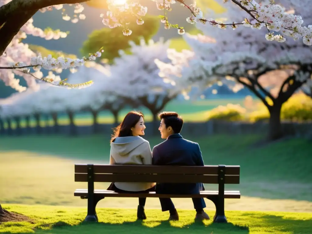 Joven pareja conversando bajo cerezos en flor al atardecer