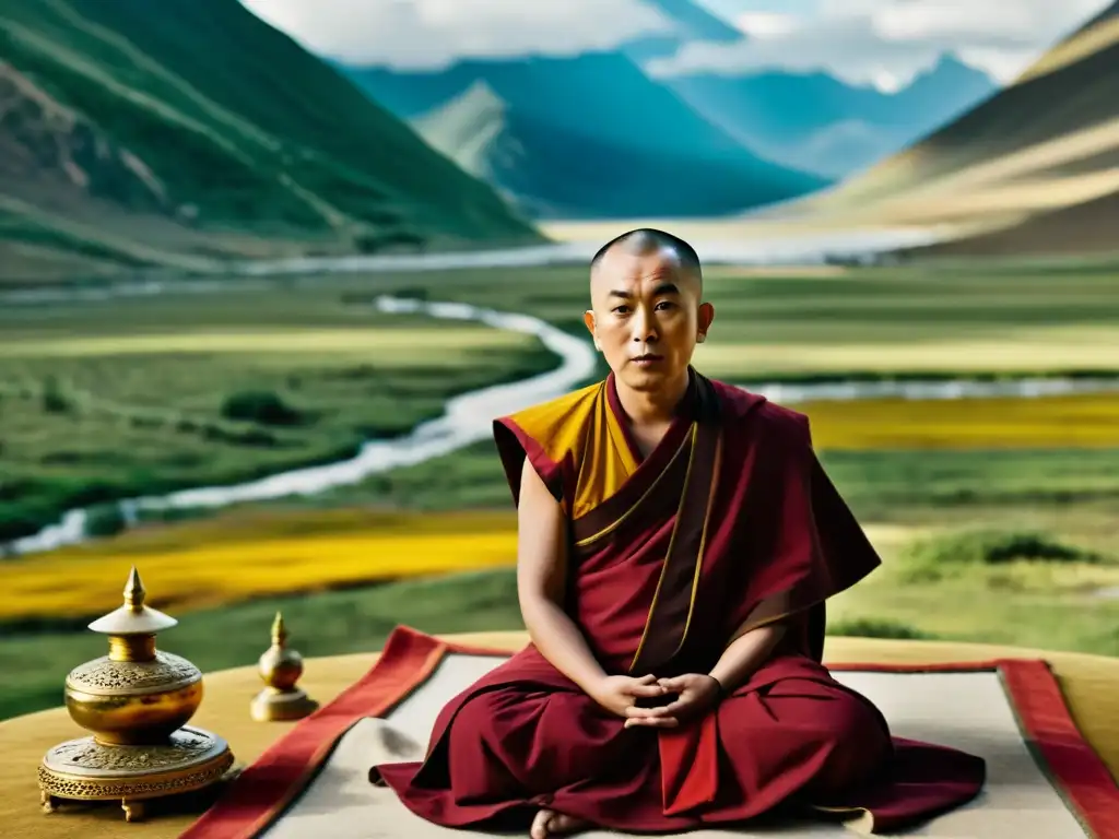 El joven Dalai Lama en profunda meditación, rodeado de los serenos paisajes de Tibet, reflejando la esencia espiritual del Budismo en el cine