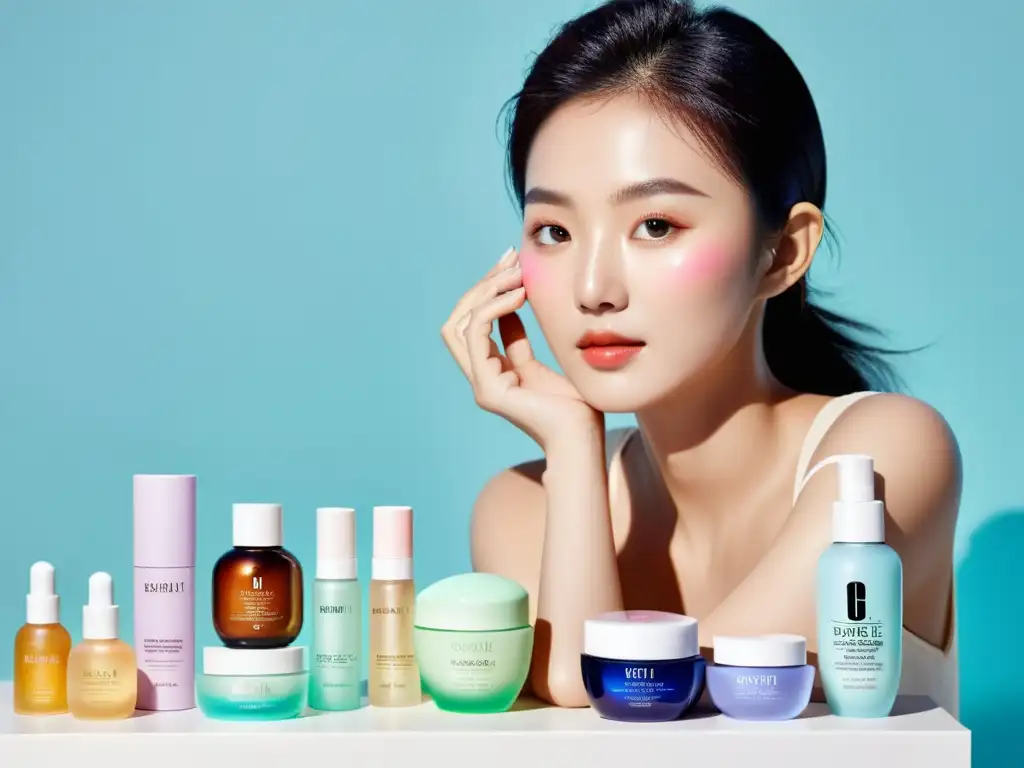 Una joven surcoreana aplica con delicadeza productos de cuidado de la piel, rodeada de artículos coloridos del KBeauty