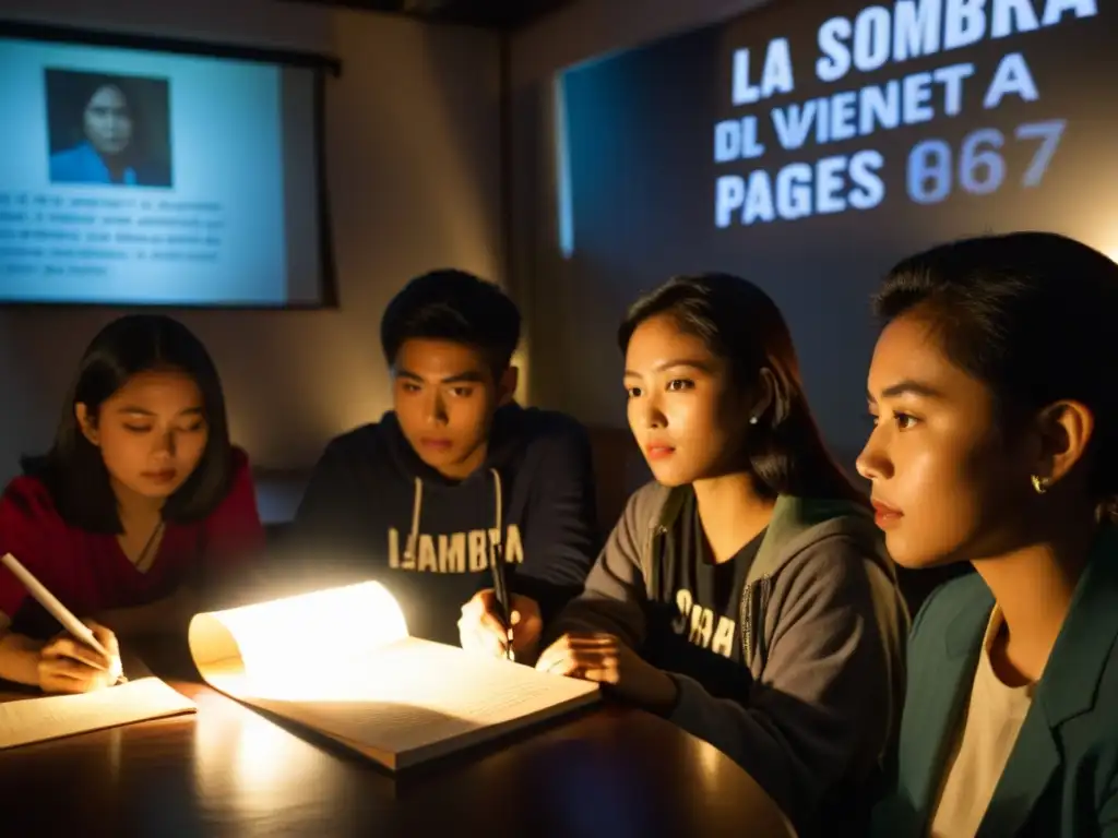 Jóvenes activistas asiáticos se reúnen en una habitación iluminada por un proyector, rodeados de libros, notas y afiches de activismo