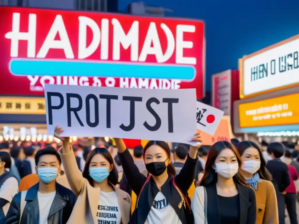 Jóvenes activistas sostienen pancartas de protesta con mensajes de justicia social frente a un cine asiático contemporáneo