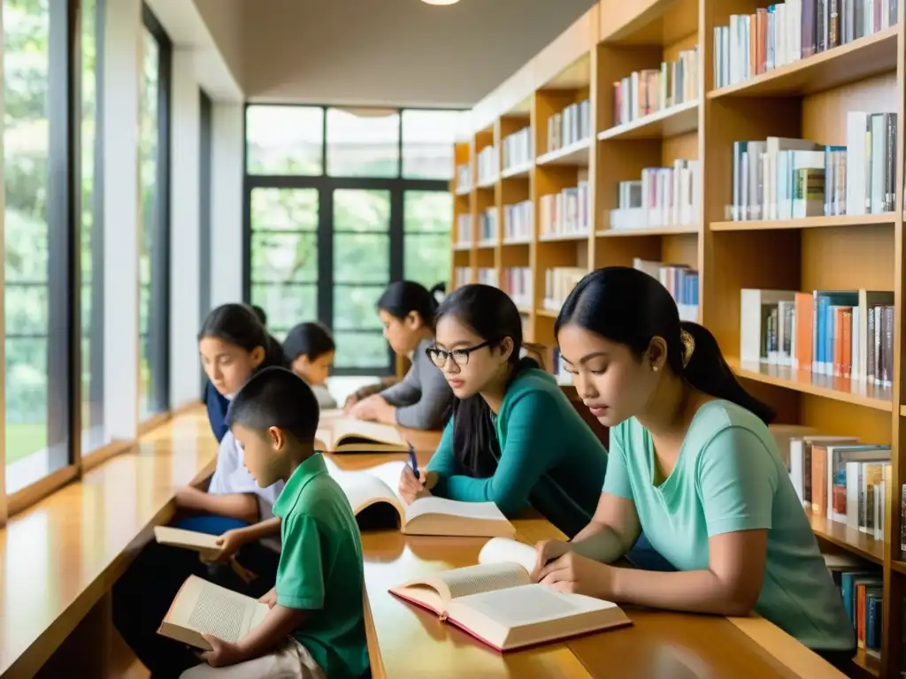 Jóvenes asiáticos inmersos en 'La sombra del viento' en bulliciosa biblioteca urbana, reflejando la influencia política del libro en su lectura