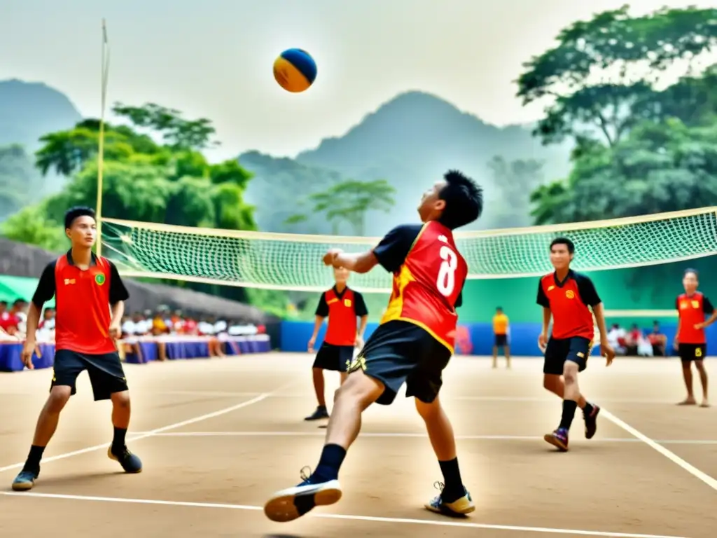 Jóvenes atletas juegan Sepak Takraw, un deporte tradicional en la cultura asiática, en una cancha al aire libre, con espectadores atentos