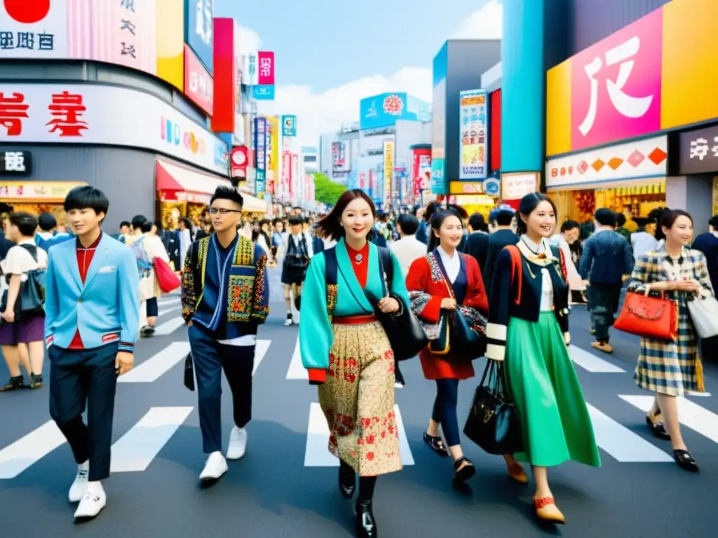 Jóvenes en la bulliciosa calle de Harajuku, Tokio, luciendo moda étnica asiática contemporánea en vibrantes colores y patrones