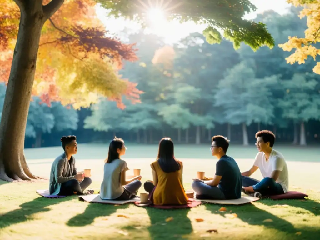 Jóvenes en círculo en el bosque otoñal, debatiendo sobre la adaptación del Budismo a jóvenes con calma y serenidad