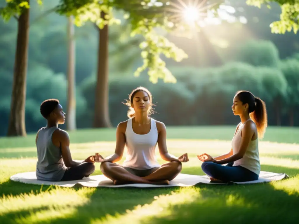 Jóvenes en meditación en círculo en campo soleado, transmitiendo armonía y adaptación del Budismo a jóvenes