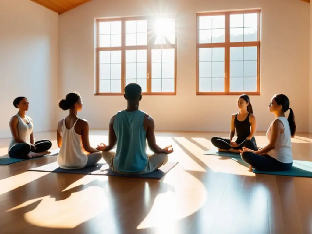 Jóvenes en círculo meditando en salón luminoso, reflejo de la adaptación del Budismo a jóvenes