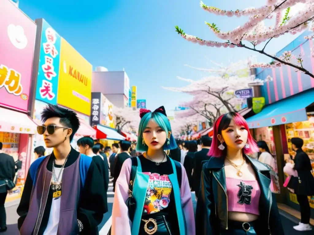 Jóvenes con estilo occidental con influencia Harajuku en bulliciosa calle de Harajuku, con moda vibrante y ecléctica