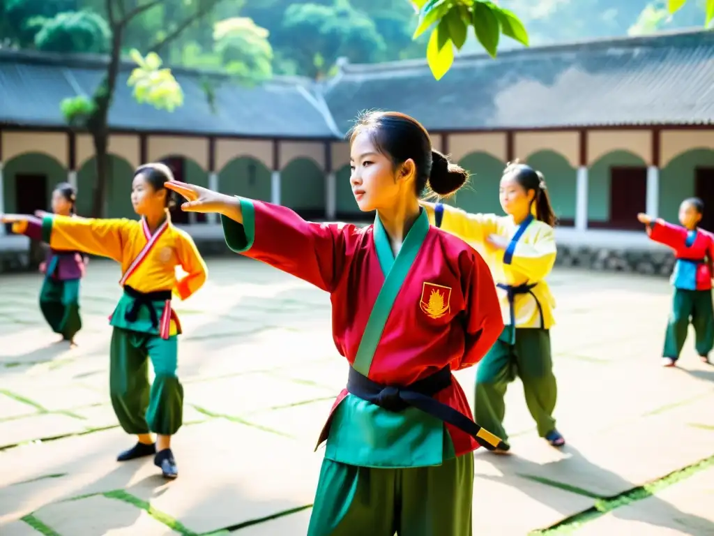 Jóvenes estudiantes practican artes marciales tradicionales en un vibrante patio exterior en Vietnam, demostrando disciplina y enfoque