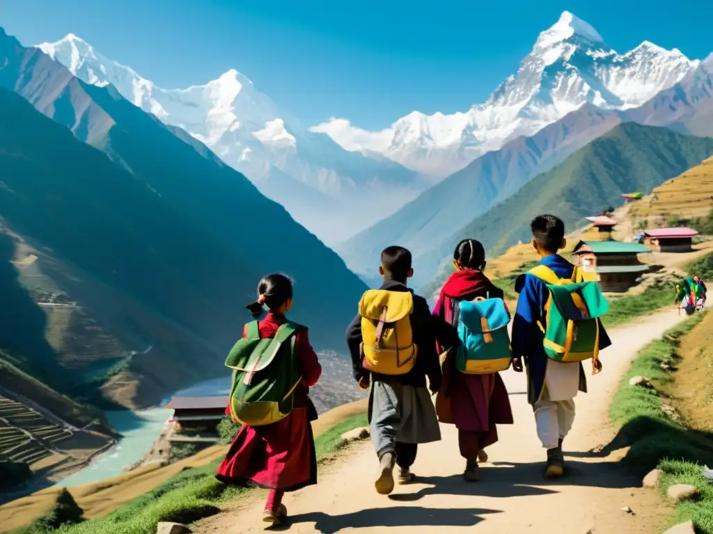 Jóvenes estudiantes nepaleses en ruta a la escuela, con los Himalayas de fondo