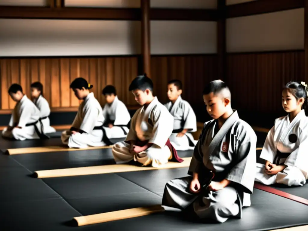 Jóvenes estudiantes en posición de seiza, con su sensei y un ambiente de disciplina y respeto en la práctica de artes marciales