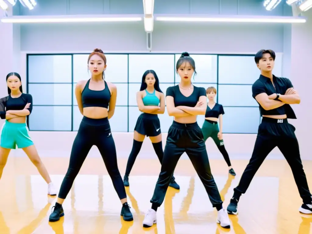 Jóvenes trainees de KPop practican con determinación en un estudio iluminado, mostrando el arduo camino de los Reality Shows de KPop