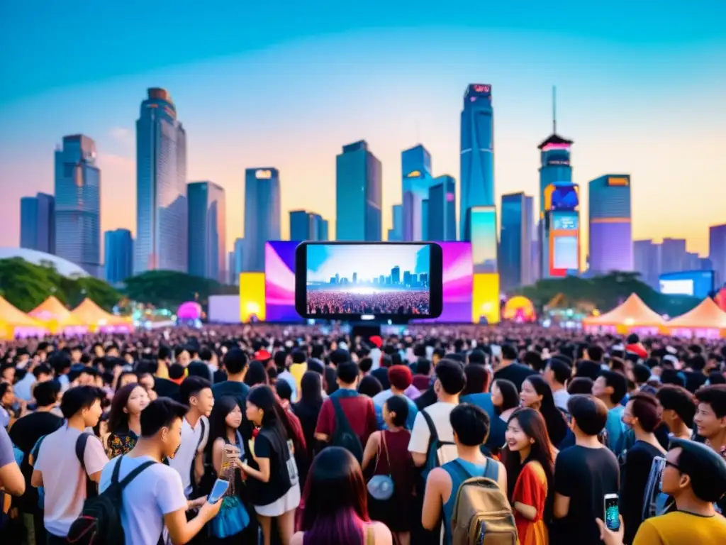 Jóvenes disfrutan de un festival de música asiática en una ciudad asiática, compartiendo en redes sociales