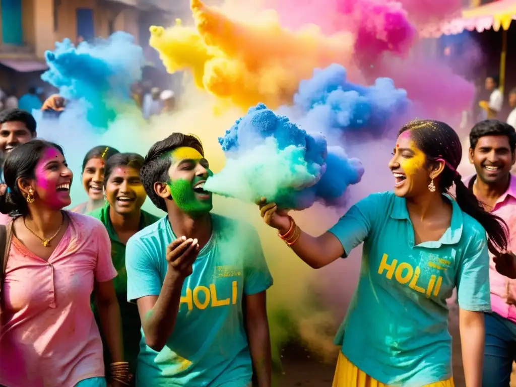 Jóvenes celebran la fiesta de colores Holi, lanzándose polvos vibrantes en una experiencia única llena de alegría en la India