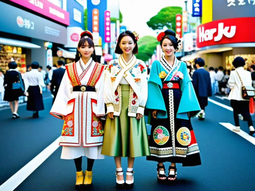 Jóvenes en Harajuku posan para foto de moda asiática diseño innovador sostenible, entre luces neón y cerezos en flor