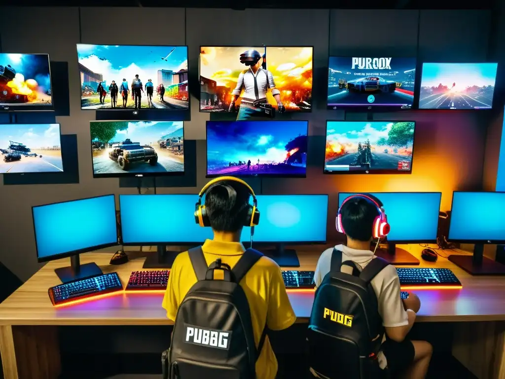 Jóvenes jugadores compitiendo en un cybercafé de Seúl, con el impacto cultural y económico de PUBG en Asia reflejado en la intensidad de la escena