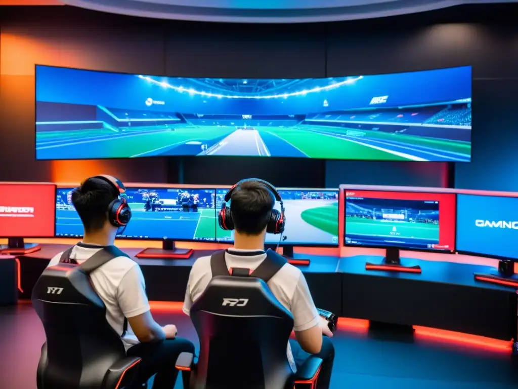 Jóvenes jugadores de esports compiten en una academia de eSports en Asia, rodeados de tecnología de vanguardia y motivación