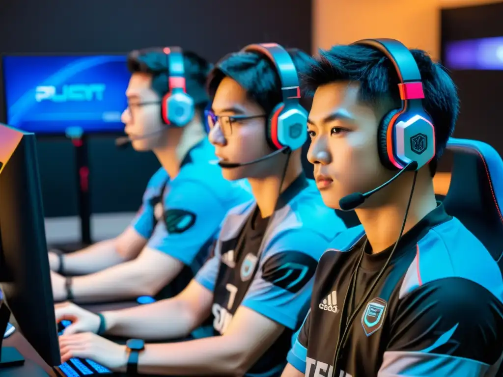 Jóvenes jugadores de eSports en una academia en Asia, concentrados en su entrenamiento para torneos