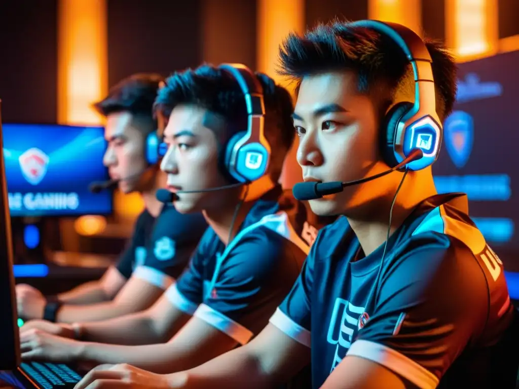 Jóvenes jugadores de eSports en Asia, concentrados frente a las pantallas, inmersos en la competencia de academias de eSports en Asia