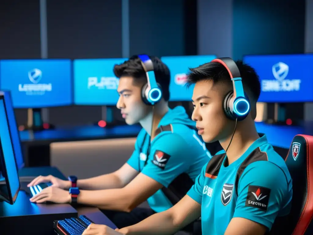 Jóvenes jugadores de eSports en moderna academia en Asia, concentrados en sus pantallas, preparándose para competencias