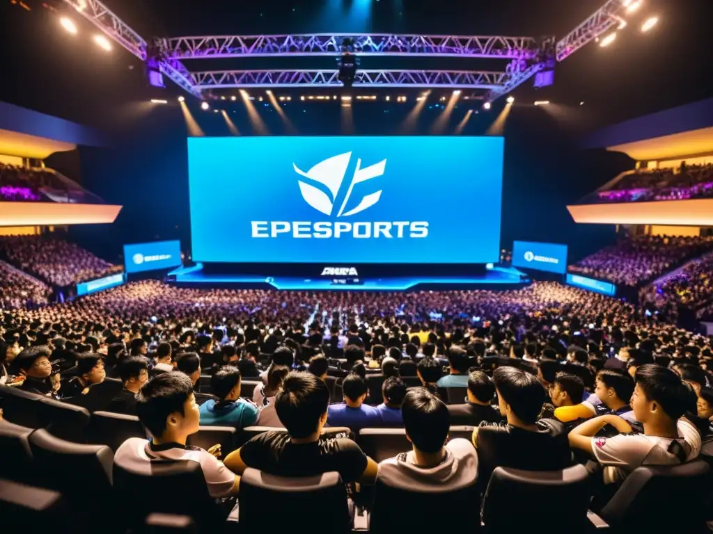 Jóvenes jugadores compiten en un torneo de videojuegos en un estadio lleno en Asia, mostrando el impacto de los eSports en Asia