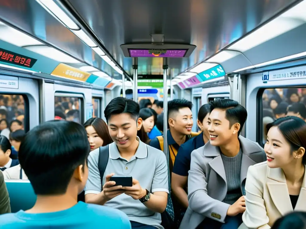 Jóvenes en el metro de Seúl absortos en sus smartphones, rodeados de anuncios de series asiáticas más populares en redes