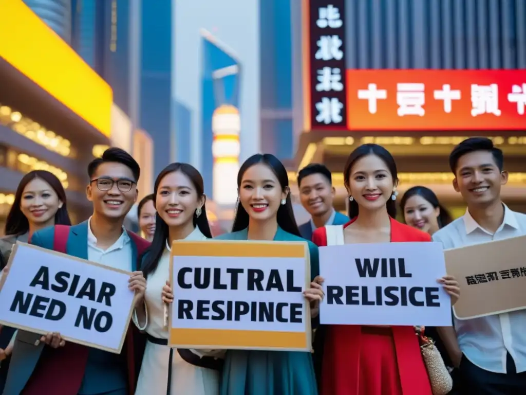 Jóvenes de minorías étnicas en Asia moderna reunidos en la ciudad, vistiendo trajes tradicionales y mostrando orgullo cultural entre rascacielos y luces de neón