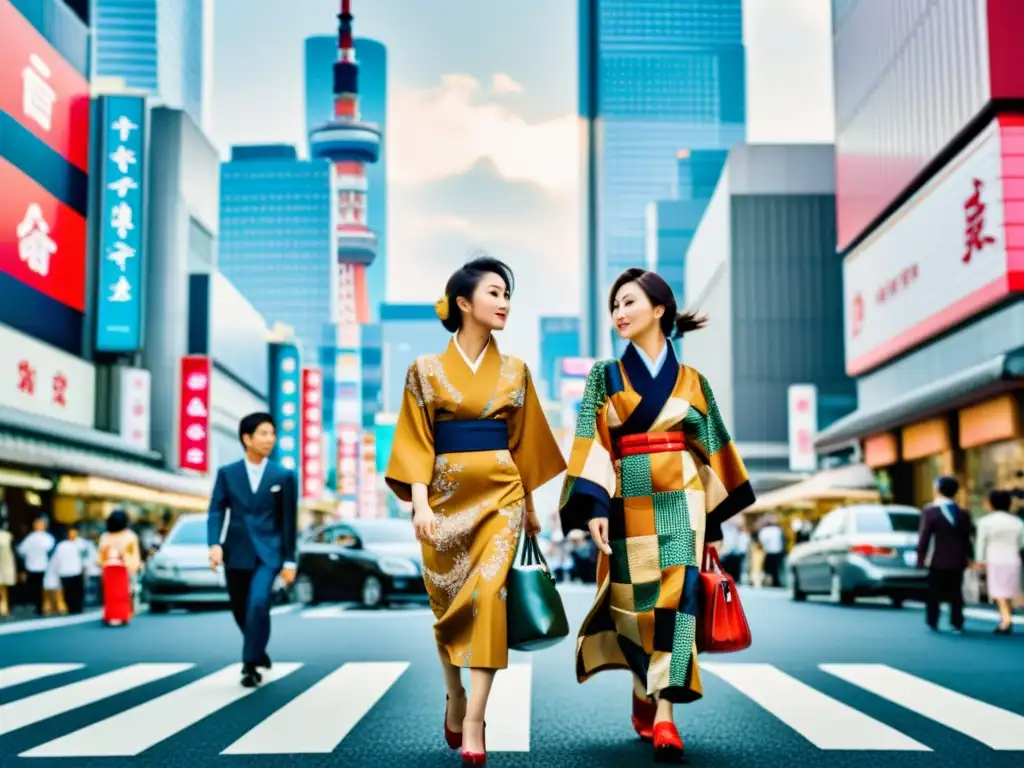 Jóvenes con moda asiática redefiniendo tendencias globales en bulliciosa calle de Tokio, entre rascacielos y templos antiguos