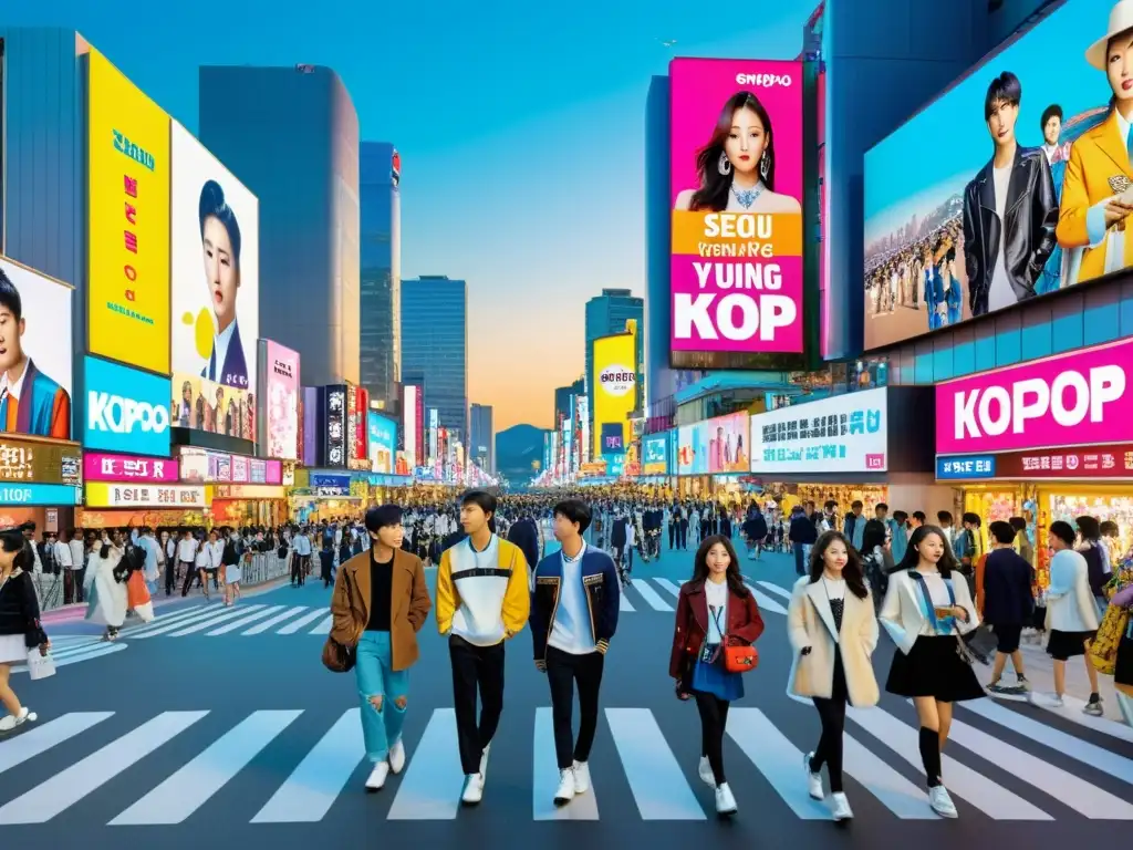 Jóvenes con moda inspirada en KPop en una concurrida calle de Seúl, con vallas publicitarias coloridas de conciertos y álbumes